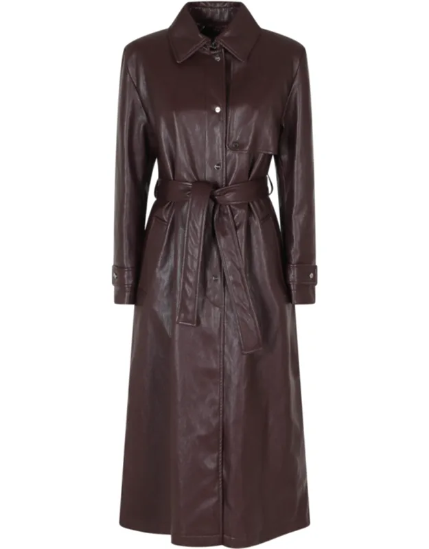 Faux Leather Pointed Collar Trench Coat