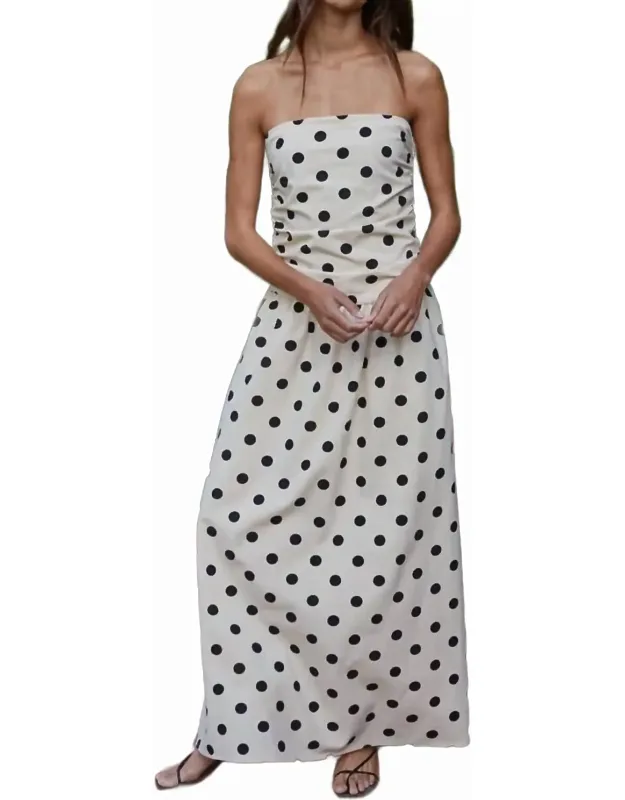 Linen Polka Dot Strapless Tube Midi Dress