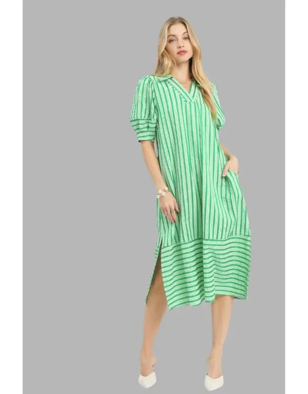 Striped Puff Sleeve Midi Dress