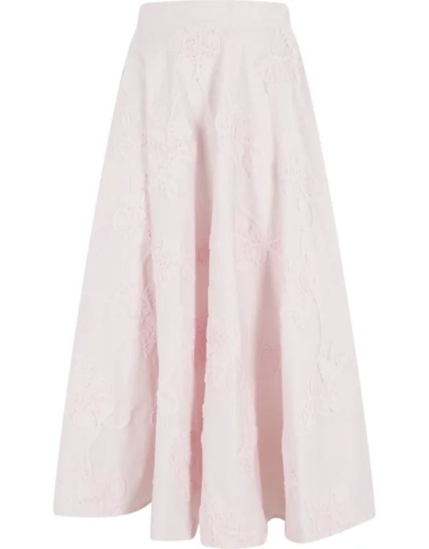 Flower Embroidered Flared Cotton Maxi Skirt