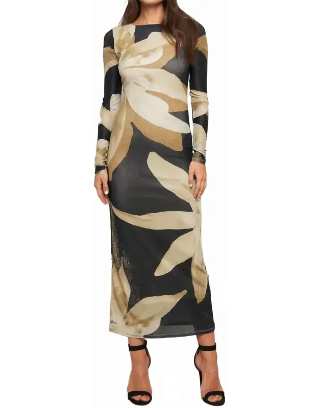 Printed Power Mesh Midi Dress