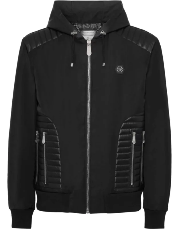Nylon Hooded Jacket With Leather Inserts