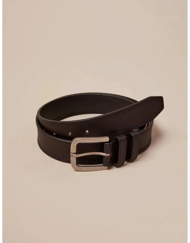 Triple Needle Stitch Leather Belt, 1.5" Wide