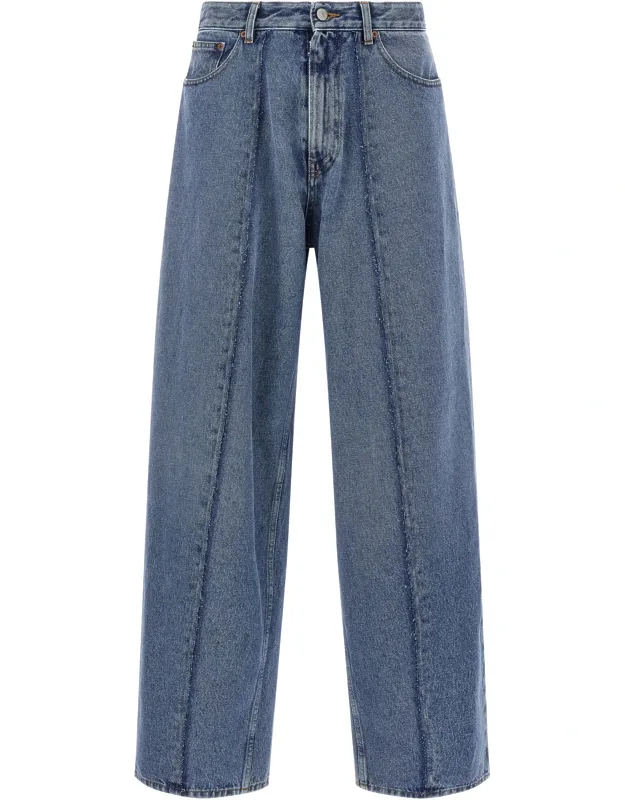 Cotton Jeans With Wide-leg Design, Chic Leather Back Logo Tag