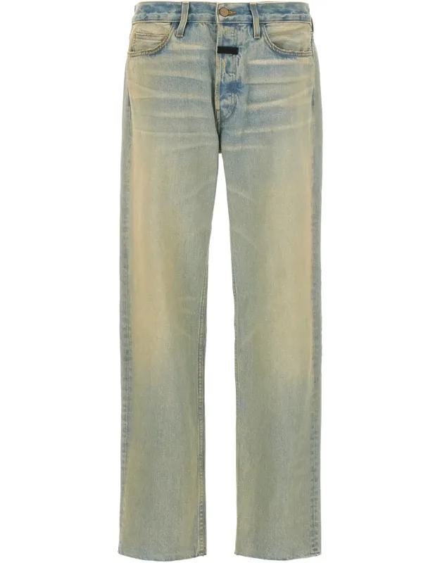 Cotton Straight-leg Jeans With Raw Cut Hem And Leather Logo Patch