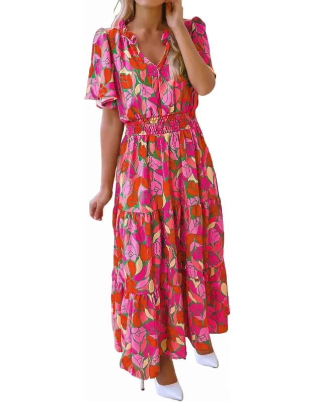 Emily Floral Short Sleeve Smocked Waist Maxi Dress