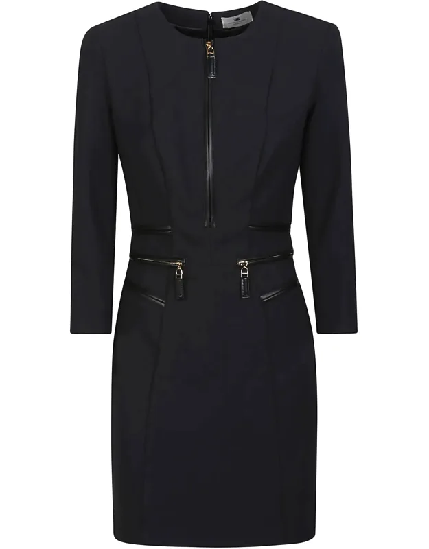 Mini Dress Front Zipper Day Dress With Three-quarter Length Sleeves And Decorative Zippers