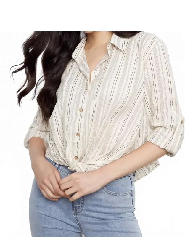 Striped Cotton-linen Blend Shirt With Front Twist