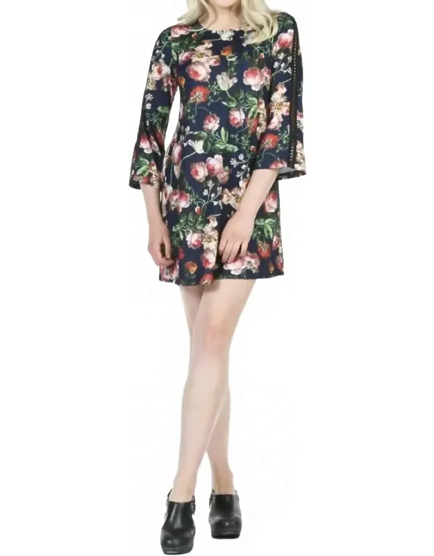 Floral Print Lace Inset Bell Sleeve Dress