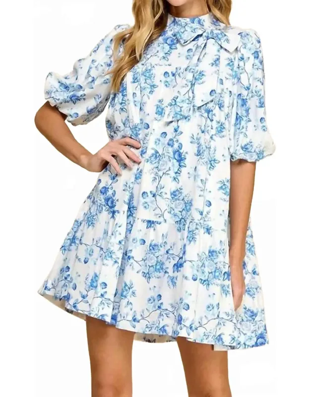 Floral Print Puffed Sleeve Accent Bow Mini Dress