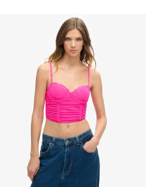 Lace Ruched Mesh Crop Corset Top