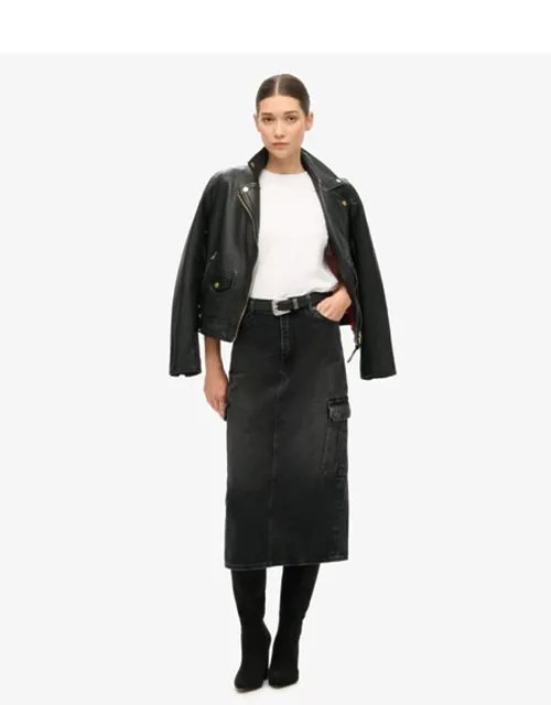 Denim Cargo Pocket Midi Skirt