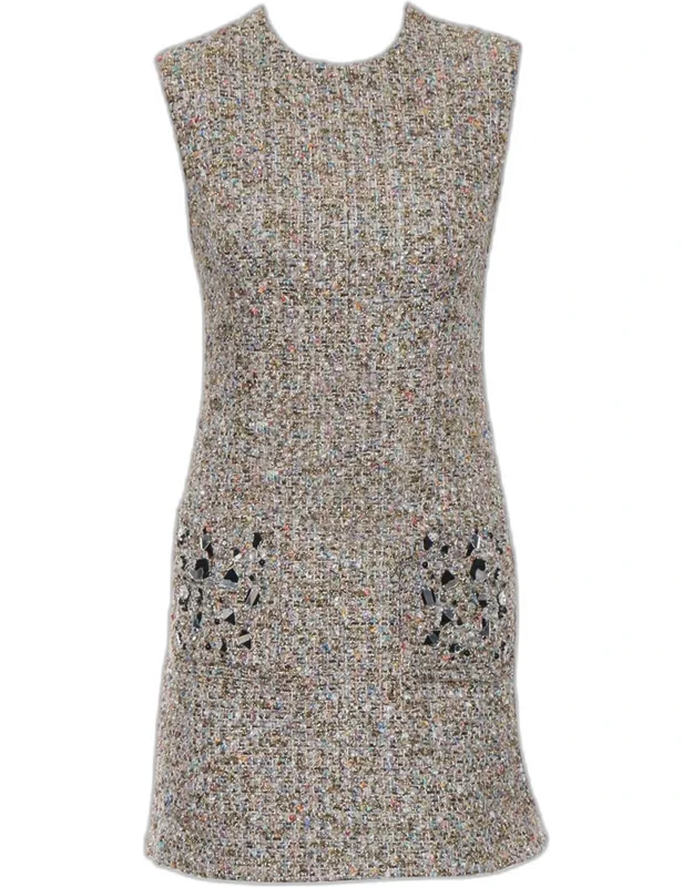 Tweed Sleeveless Dress With Embellished Pockets
