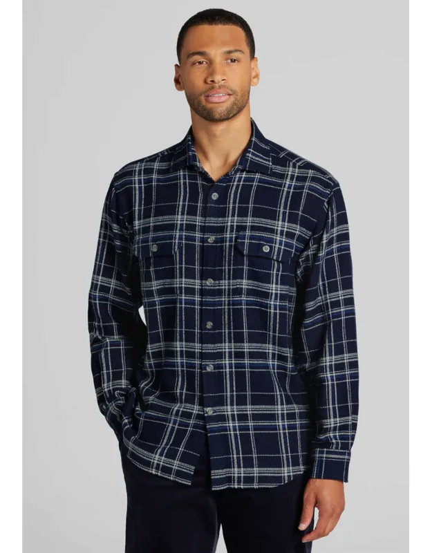Relaxed Fit Herringbone Check Long Sleeve Button Up Shirt