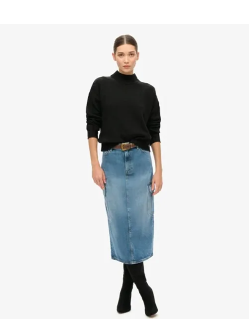 Denim Cargo Pocket Midi Skirt