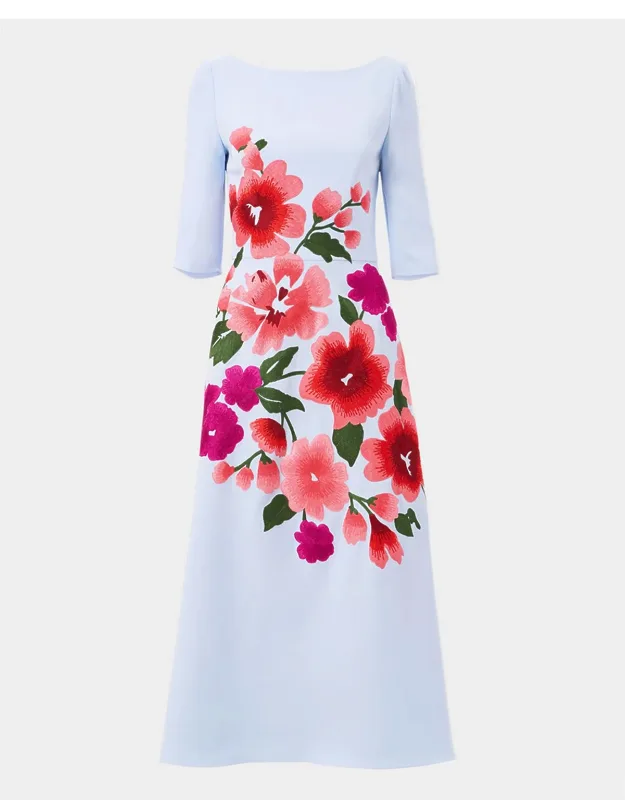 Floral Embroidered 3/4-sleeve Midi Dress