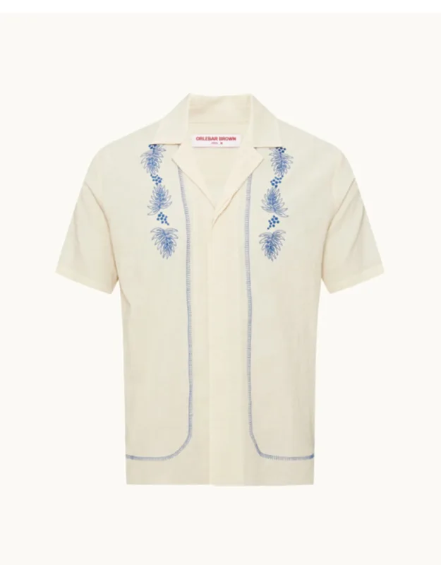Relaxed Fit Capri Collar Embroidered Jacquard Cotton Shirt