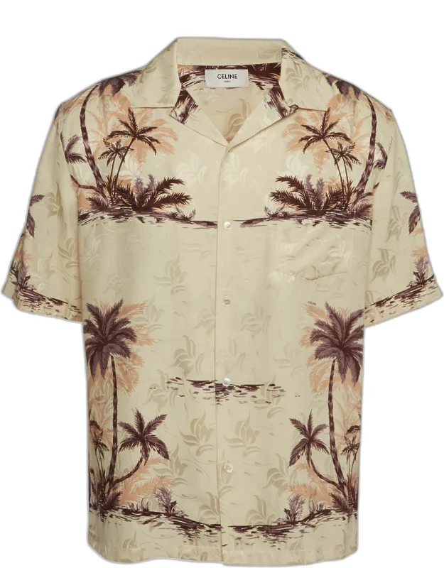 Hawaiian Palm Tree Print Silk Bowling Shirt