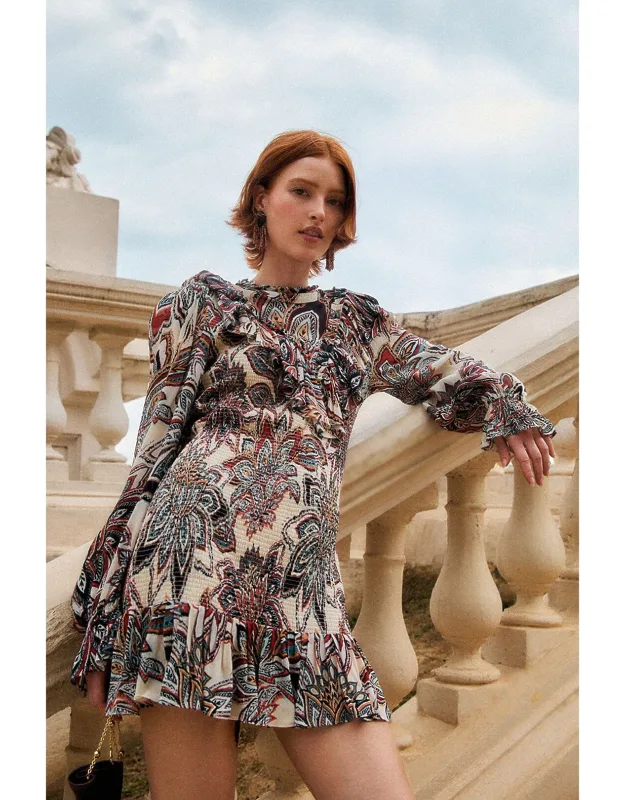Tapestry Flowers Long Sleeve Mini Dress