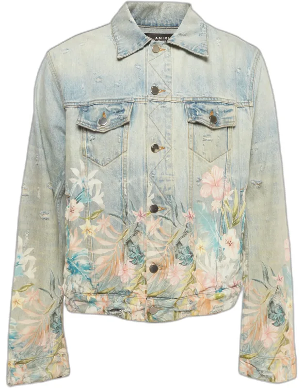 Floral Print Distressed Denim Jacket