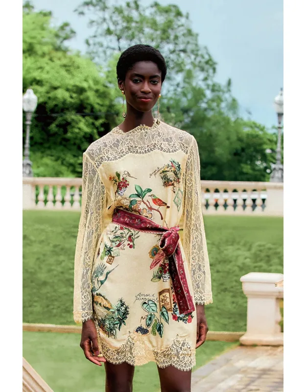 Bird Poetry Lace Long Sleeve Mini Dress
