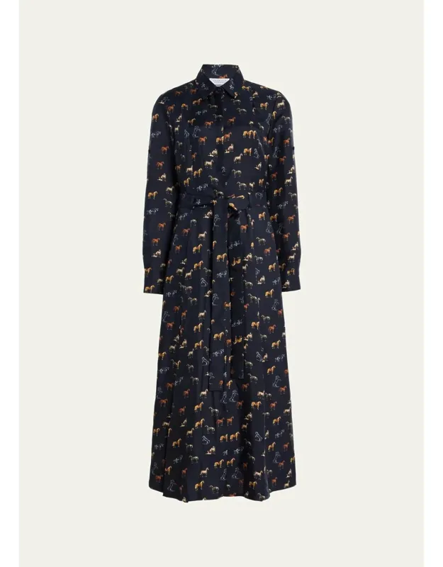 Galway Horse-print Silk Belted Maxi Shirtdress