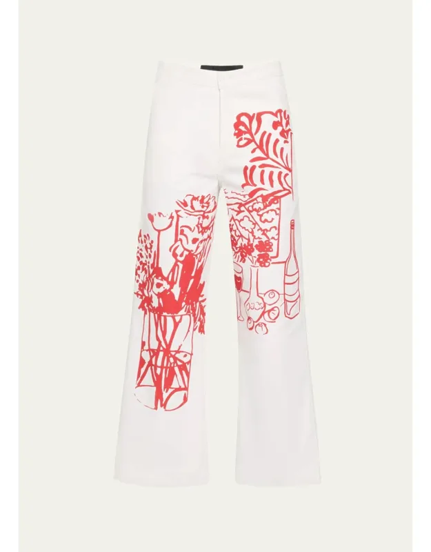 Still Life Silk Screen-printed Wide-leg Crop Pants