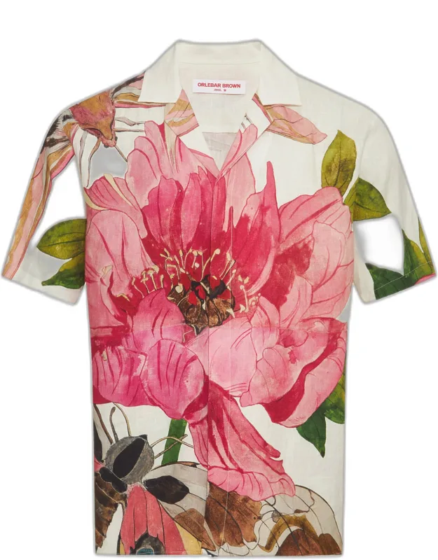 Relaxed Fit Linen Capri Collar Paeonia Print Shirt