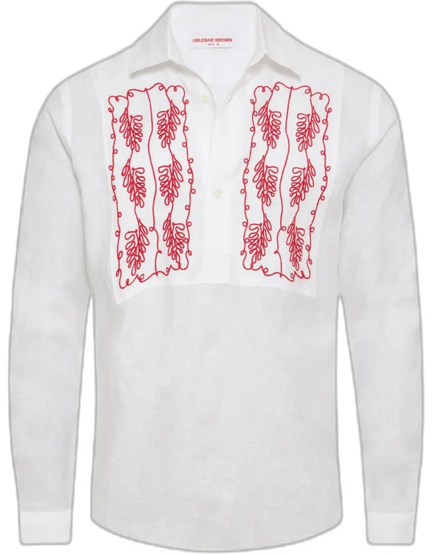 Relaxed Fit Open Placket Shirt With Bib Embroidery