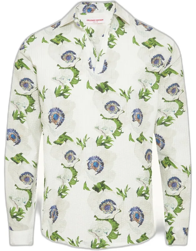 Relaxed Fit Open Resort Placket Coronaria Print Seersucker Shirt