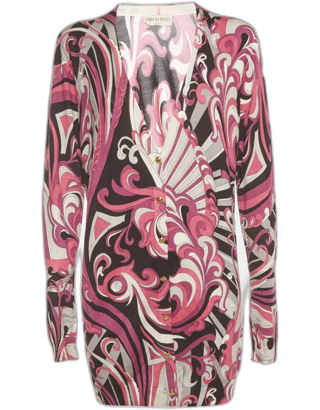 Abstract Print Silk Knit V-neck Cardigan