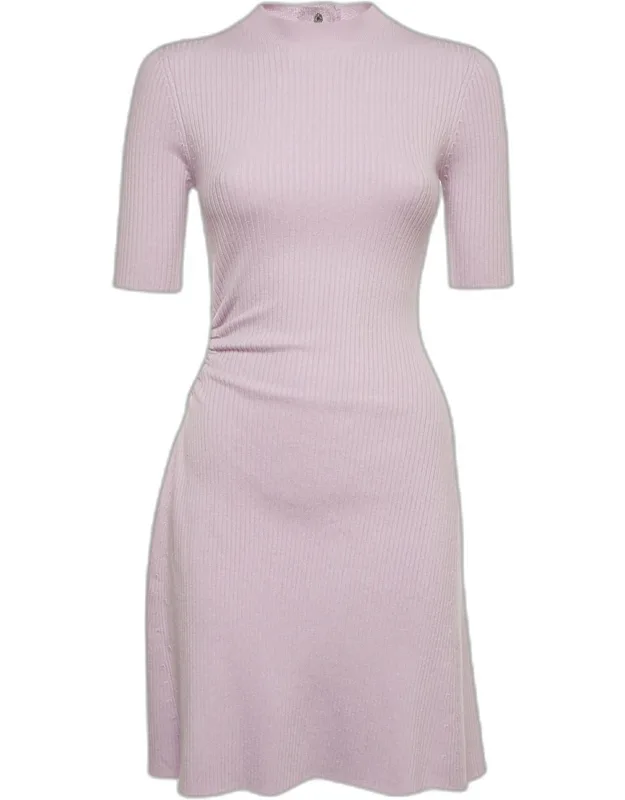 Lilac Rib Knit Short Sleeve Hemstitch Mini Dress