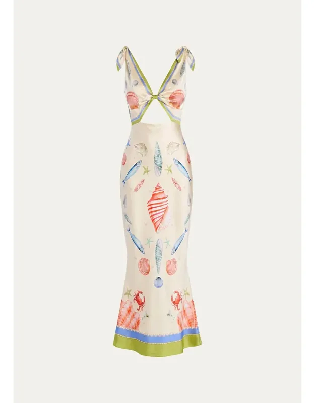 Seashell-print Silk Satin Midi Dress