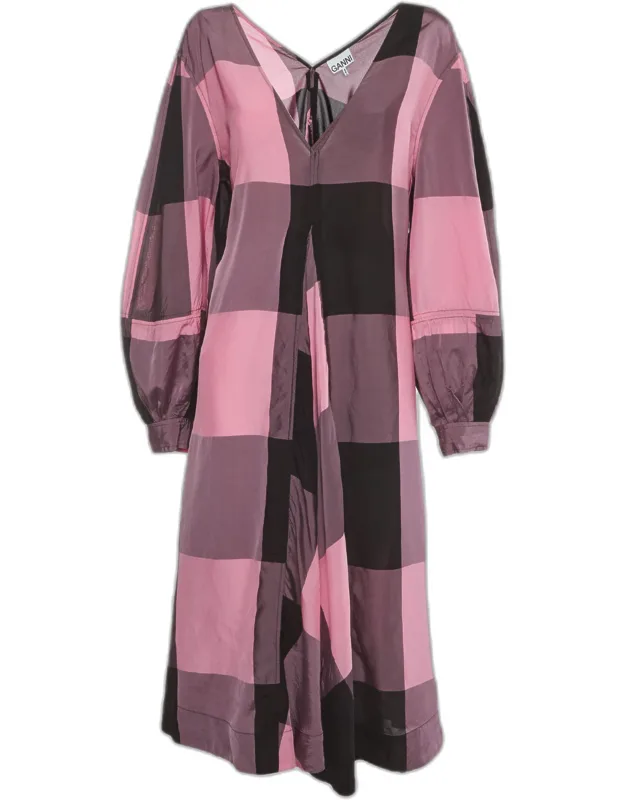 Checked Viscose Balloon Sleeve Midi Dress