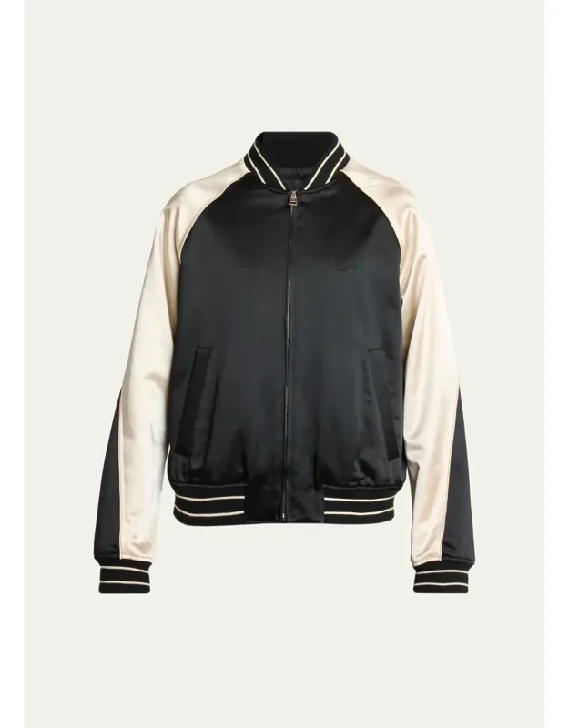 Satin Rhinestone-logo Bomber Jacket