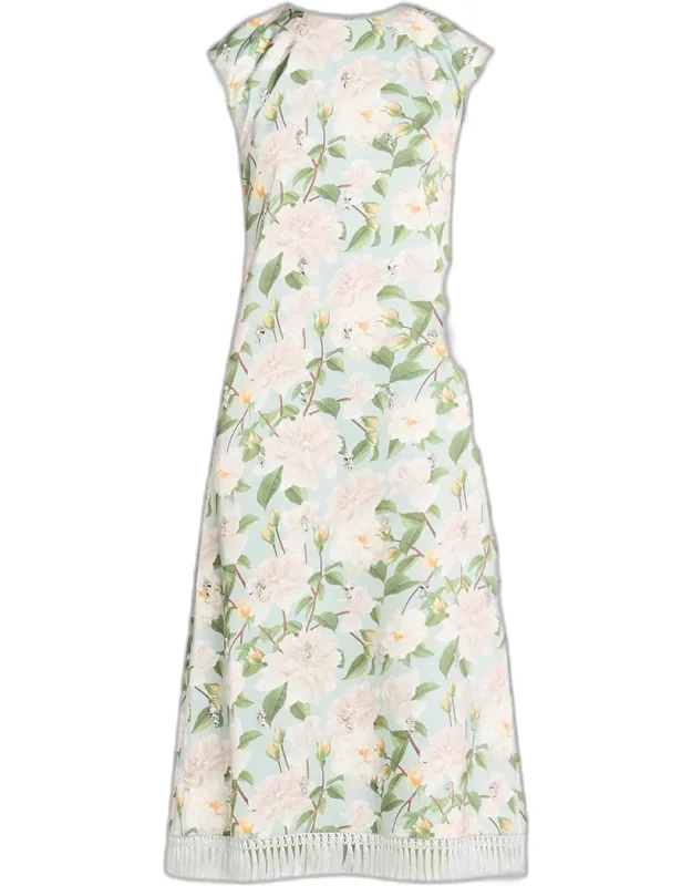 Embellished Floral Satin Crepe Midi Dress