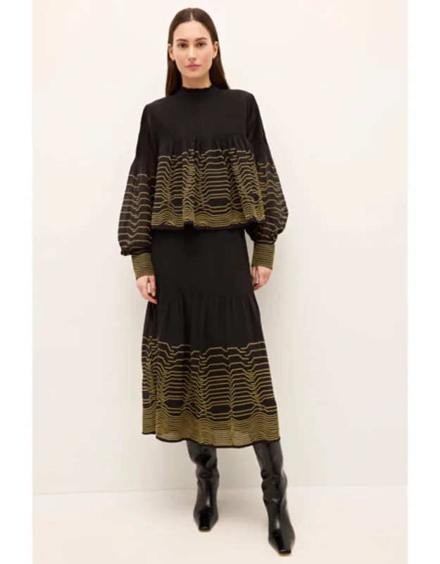 Della Skirt With Gold Metallic Embroidery And Pintuck Pleats