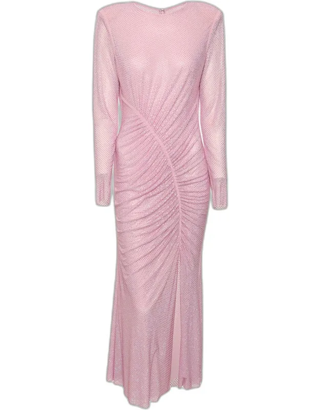 Rhinestone Embellished Mesh Gathered Midi Dress
