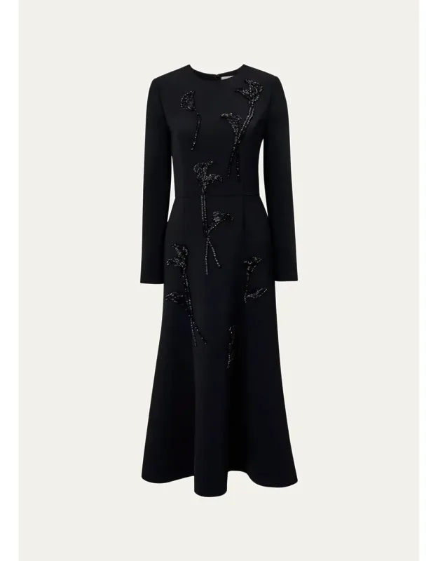 Floral Embellished Long-sleeve Midi Trumpet Dress