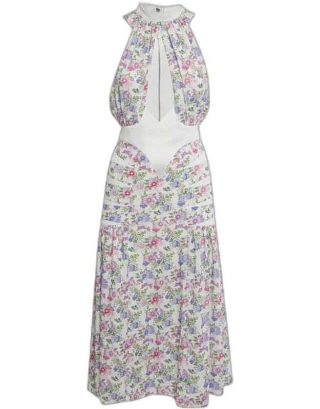Floral Print Crepe & Gabardine Halter Neck Dress