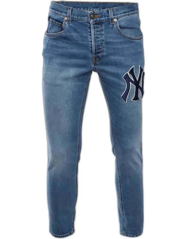Washed Denim Ny Yankees Patch Slim Fit Jeans