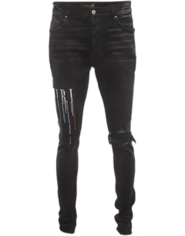 Black Logo Paint Drip Distressed Denim Jeans - Comfortable Fit, Bold Street Inspired Look
