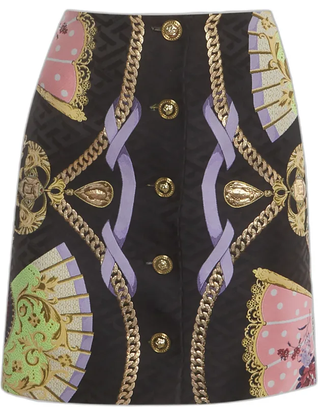 Ventagli Print Metallic Jacquard Buttoned Mini Skirt