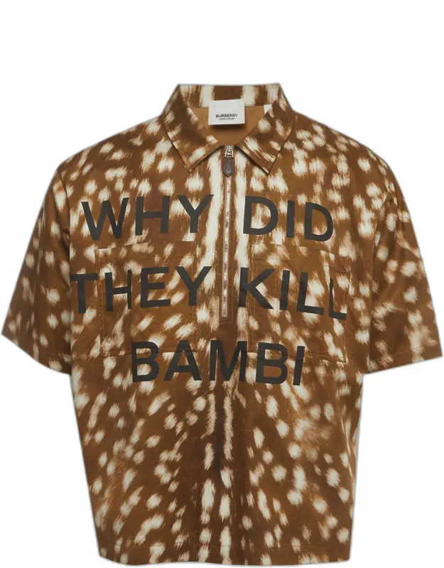Deer And Slogan Print Gabardine Half-zip Shirt