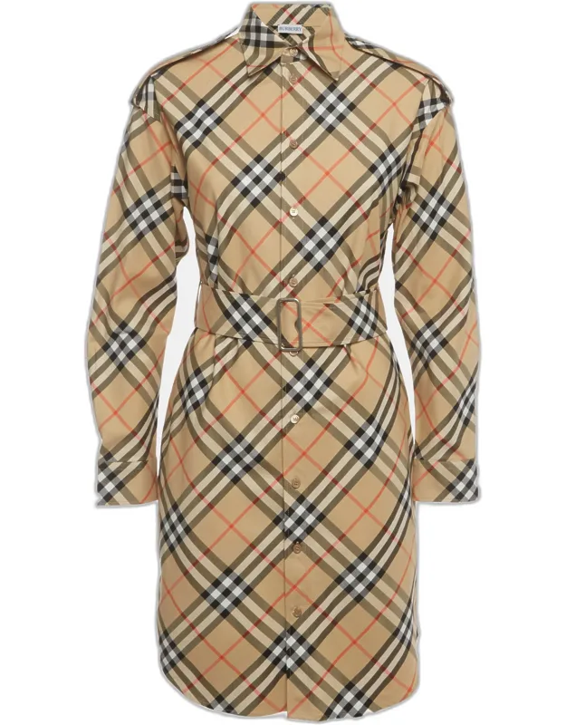 Checked Cotton Belted Mini Shirt Dress