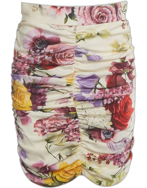 Multicolor Floral Print Silk Ruched Mini Skirt