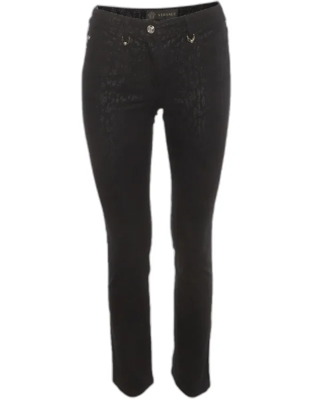 Black Metallic Leopard Print Stretch Denim Slim Fit Jeans