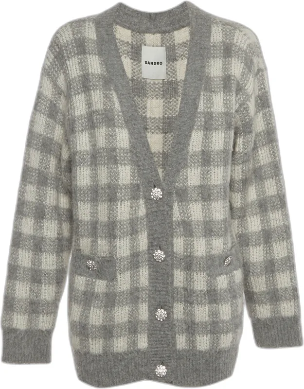 Check Jacquard Fuzzy Knit Wool V-neck Cardigan