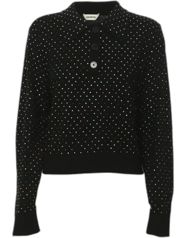 Wool Blend Rhinestone Embellished Long Sleeve Sweater