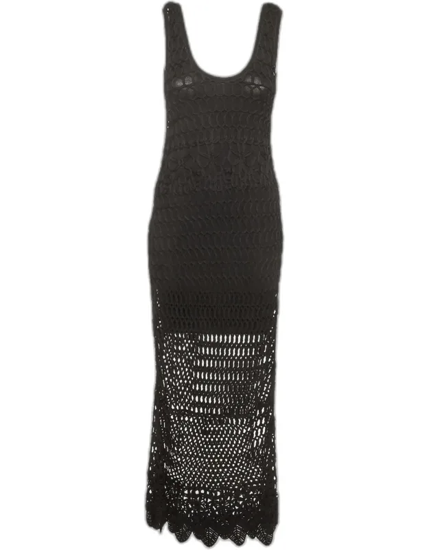 Open Crochet Knit Scoop Neck Maxi Dress